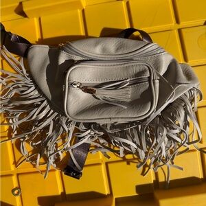 Fringed Gray Leather Waist Bag
